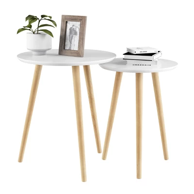 Hastings Home Nesting End Tables - Mid-Century Modern Wood Accent Table With Circular Top - Set Of 2, White/Natural 1 Hastings Home Nesting End Tables - Mid-Century Modern Wood Accent Table With Circular Top - Set Of 2, White/Natural