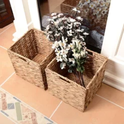 Set Of 2 Handmade Wicker Baskets - 12-Inch Square Foldable Storage Bins With Handles - Made Of Hand-Twisted Water Hyacinth By Villacera (Natural) -Hastings Home Sales GUEST 12a5ea46 ea47 4a5d a7d8 f666b432f6af