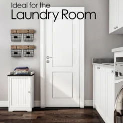 Hastings Home Freestanding Bathroom Storage Cabinet With Slat Door And Gallery Style Top - White/Black -Hastings Home Sales GUEST 15eff5c3 aa68 4b8e 997b 4b563698f8f3