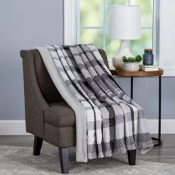 Blanket Throw - Oversized Plush Woven Polyester Faux Shearling Fleece Plaid Throw - Breathable By Hastings Home (Phantom)