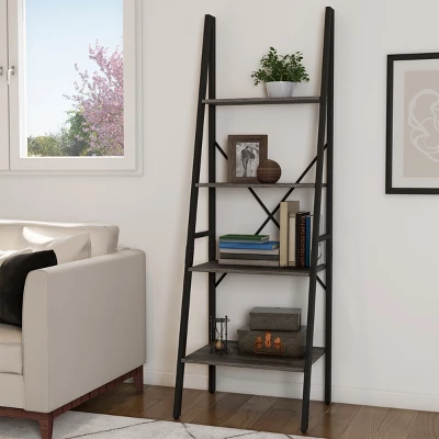 Hastings Home Ladder-Style 4-Tiered Bookcase, Gray 2 Hastings Home Ladder-Style 4-Tiered Bookcase, Gray - Image 2