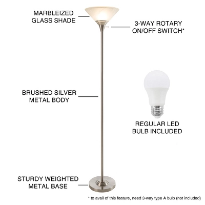 Hastings Home Torchiere Floor Lamp With Marbleized Glass Shade And LED Bulb - Brushed Silver 2 Hastings Home Torchiere Floor Lamp With Marbleized Glass Shade And LED Bulb - Brushed Silver - Image 2