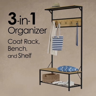 Hastings Home 3-in-1 Freestanding Entryway Storage Bench And Metal Hall Tree Organizer- Sand/Black 2 Hastings Home 3-in-1 Freestanding Entryway Storage Bench And Metal Hall Tree Organizer- Sand/Black - Image 2