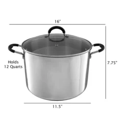 Hastings Home Large Stainless Steel 12-Qt Stock Pot With Lid – 11.5" X 7.5"