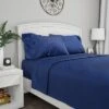 Hastings Home King Size Brushed Microfiber 4 Piece Embossed Checkered Bed Sheet And Linen Set With Stain Resistant Fitted And Flat Sheets - Navy