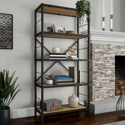 Hastings Home 5-Tier Open Style Bookshelf, Oak 1 Hastings Home 5-Tier Open Style Bookshelf, Oak
