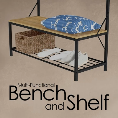 Hastings Home 3-in-1 Freestanding Entryway Storage Bench And Metal Hall Tree Organizer- Sand/Black 3 Hastings Home 3-in-1 Freestanding Entryway Storage Bench And Metal Hall Tree Organizer- Sand/Black - Image 3