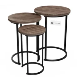 Hastings Home Round End Tables With Woodgrain-Look And Black Metal Base, Gray/Brown, Set Of 3 -Hastings Home Sales GUEST 6bd47ff3 c126 4faa 9336 f5bd8e5da6ad