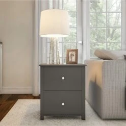 Hastings Home End Table With 2 Drawers And Silver Handles, Slate Gray