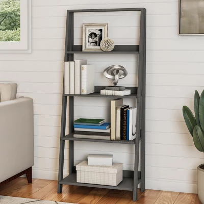 Hastings Home Freestanding Ladder Bookcase, Gray 2 Hastings Home Freestanding Ladder Bookcase, Gray - Image 2