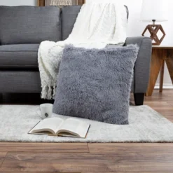 Hastings Home 24" Faux Fur Shag Pillow - Gray -Hastings Home Sales GUEST b227af08 e9a1 4ef7 897d 885668ac000d