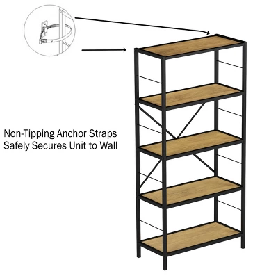 Hastings Home 5-Tier Open Style Bookshelf, Oak 3 Hastings Home 5-Tier Open Style Bookshelf, Oak - Image 3