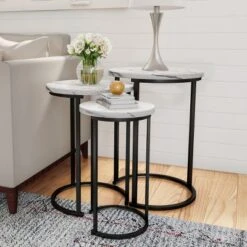 Hastings Home Sales 13 Hastings Home Round End Tables With Faux Marble Top And Black Metal Base Nesting Tables, White, Set Of 3