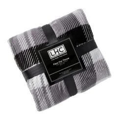 Plaid Faux Fur Throw Blanket- Luxurious, Soft, Hypoallergenic Plaid Printed Flannel Blanket, 60"x70" By Hastings Home (Grey)