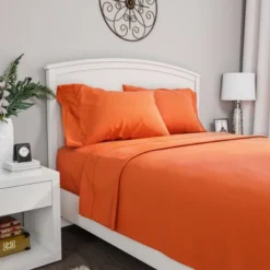 Hastings Home Queen Size Brushed Microfiber 4 Piece Bed Sheet And Linen Set With Stain Resistant Fitted And Flat Sheets - Orange