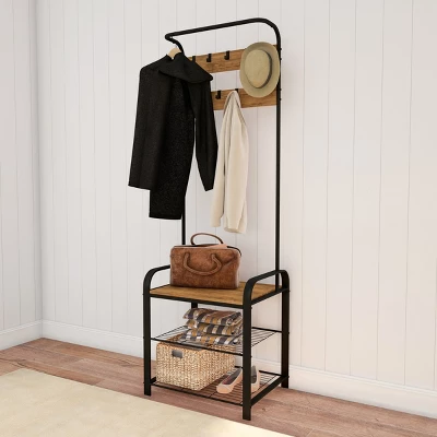 Hastings Home Entryway Bench With Coat Rack, Seat, Hooks, And Shoe Storage, Brown 2 Hastings Home Entryway Bench With Coat Rack, Seat, Hooks, And Shoe Storage, Brown - Image 2